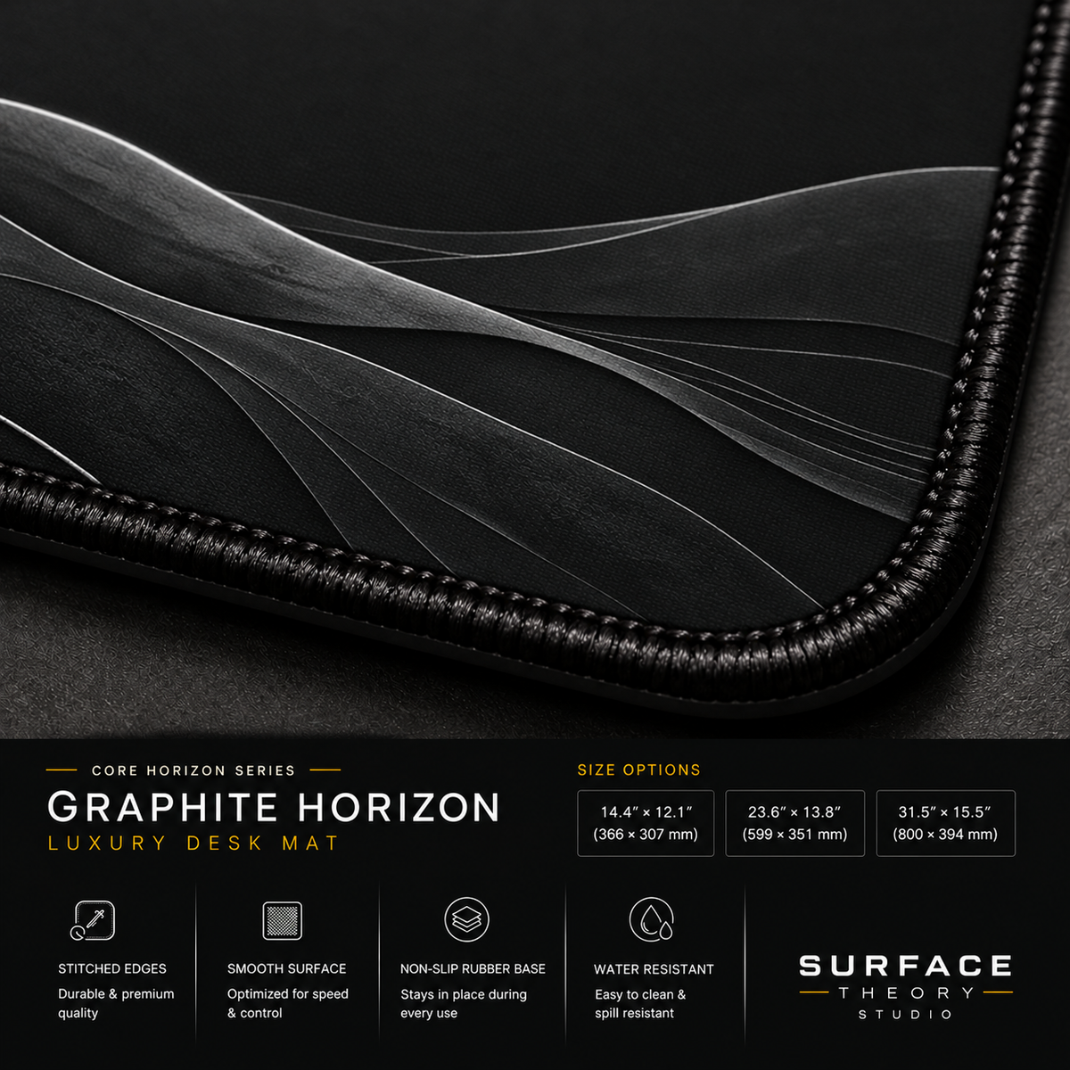 Close-up of Graphite Horizon printed landscape artwork and black stitched corner.