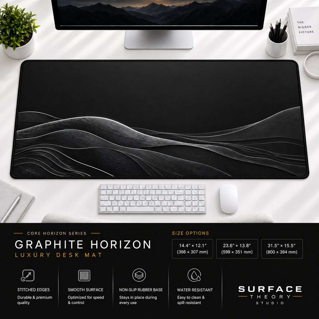 Graphite Horizon desk mat beneath a monitor on a bright desk with a white keyboard and mouse.