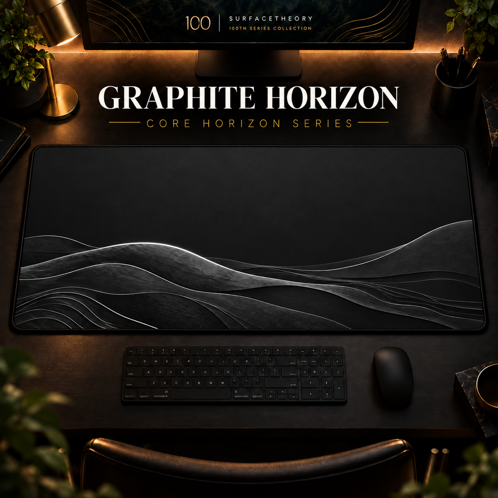 Graphite Horizon desk mat, graphite grey with silver-grey landscape contours, in a warm, dark workspace.