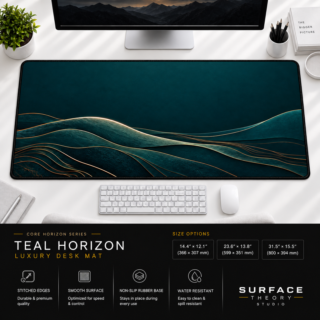 Teal Horizon desk mat beneath a monitor on a bright desk with a white keyboard and mouse.
