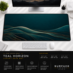 Teal Horizon desk mat beneath a monitor on a bright desk with a white keyboard and mouse.