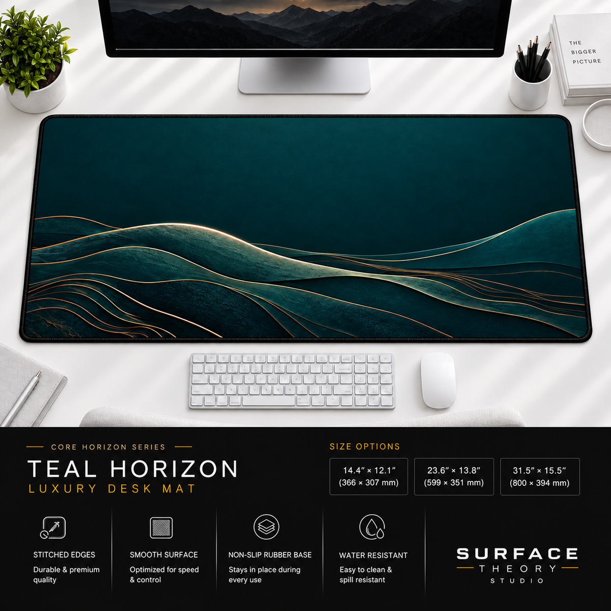 Teal Horizon desk mat beneath a monitor on a bright desk with a white keyboard and mouse.