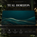 Teal Horizon desk mat on a studio display with size and product information.