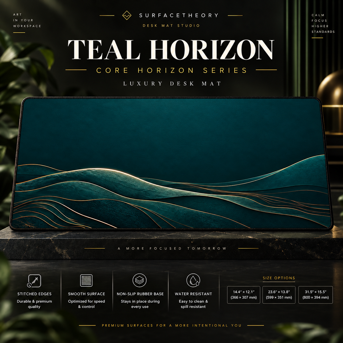 Teal Horizon desk mat on a studio display with size and product information.