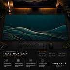Teal Horizon desk mat in a dark workstation with warm monitor lighting.