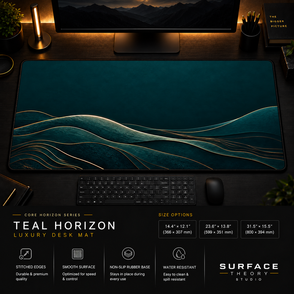 Teal Horizon desk mat in a dark workstation with warm monitor lighting.