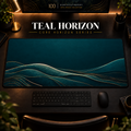 Teal Horizon desk mat, deep teal with champagne-toned landscape contours, in a warm, dark workspace.