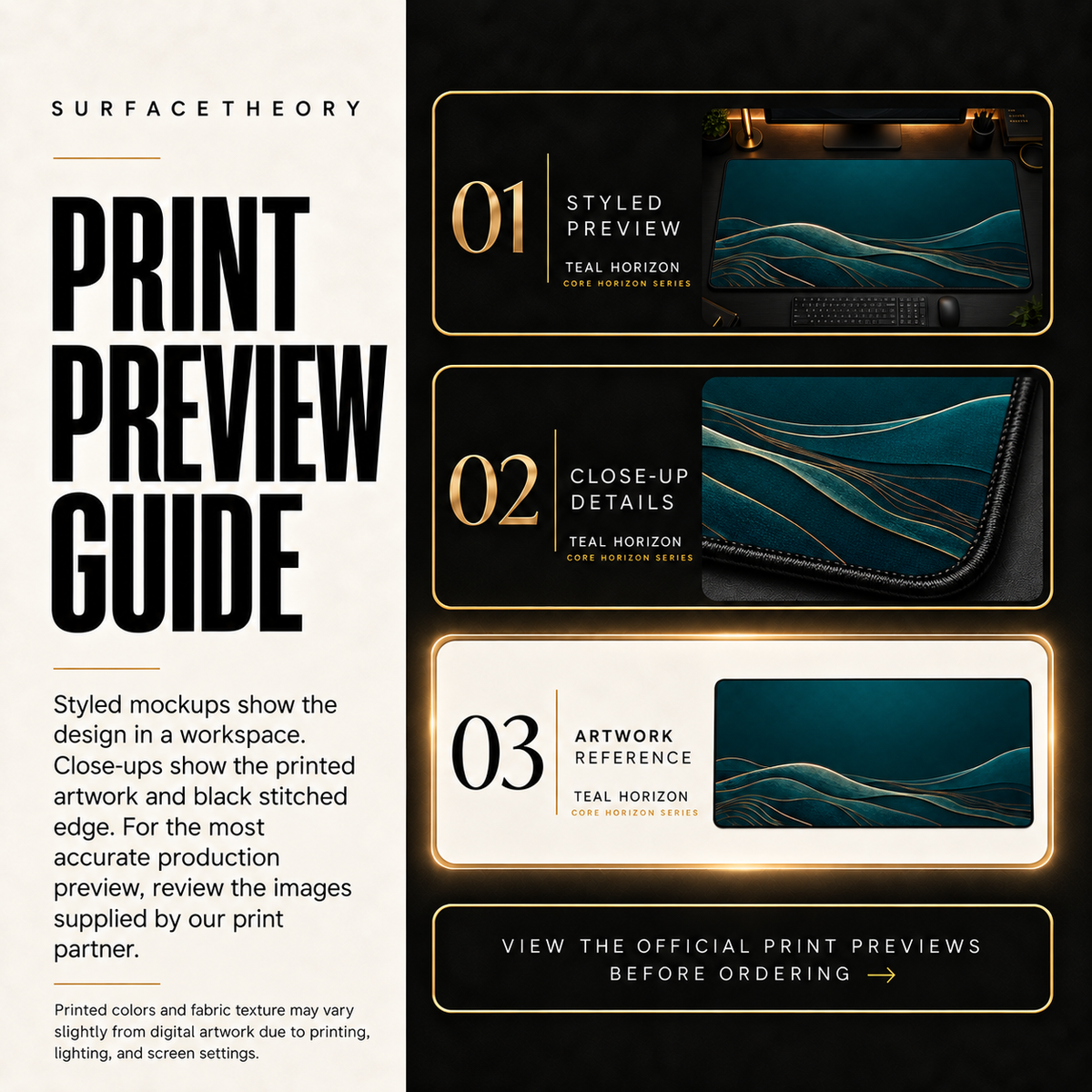 Teal Horizon print preview guide with a styled mockup, close-up and artwork reference.