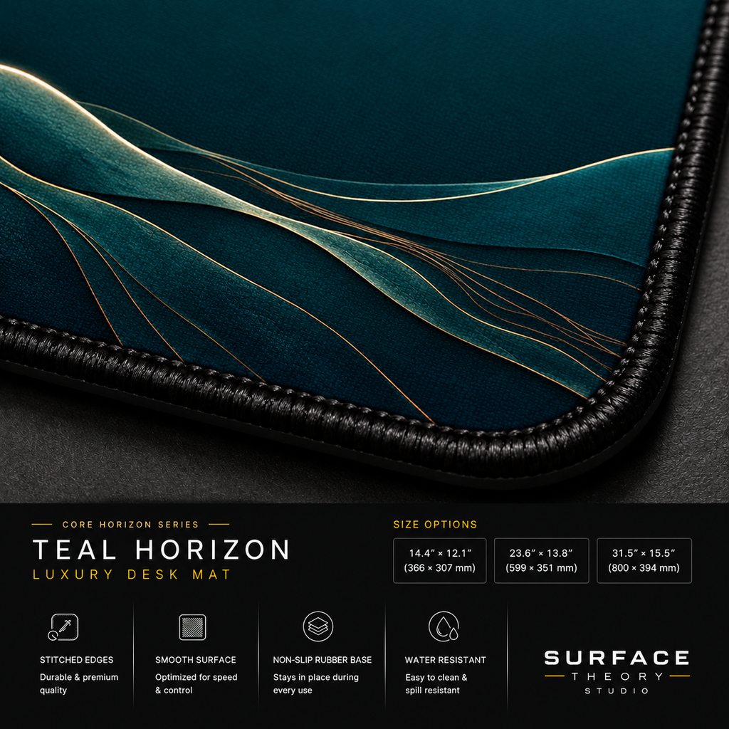 Close-up of Teal Horizon printed landscape artwork and black stitched corner.