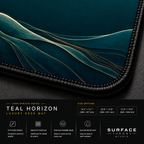 Close-up of Teal Horizon printed landscape artwork and black stitched corner.