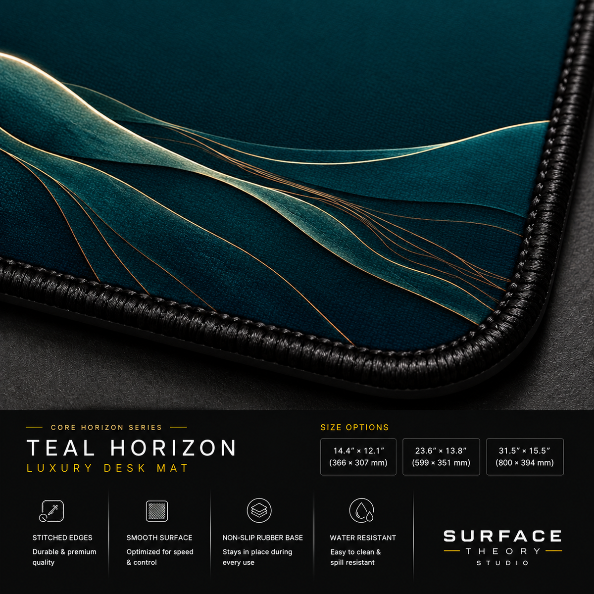 Close-up of Teal Horizon printed landscape artwork and black stitched corner.