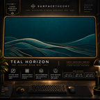 Teal Horizon desk mat in a gold-toned showcase frame above a keyboard.