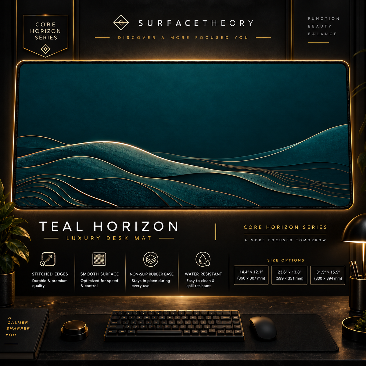 Teal Horizon desk mat in a gold-toned showcase frame above a keyboard.