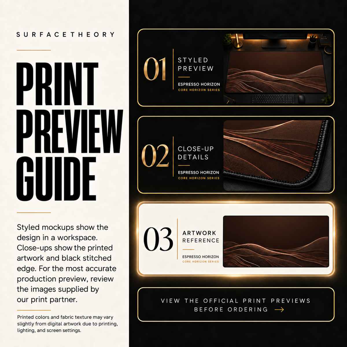 Espresso Horizon print preview guide with a styled mockup, close-up and artwork reference.