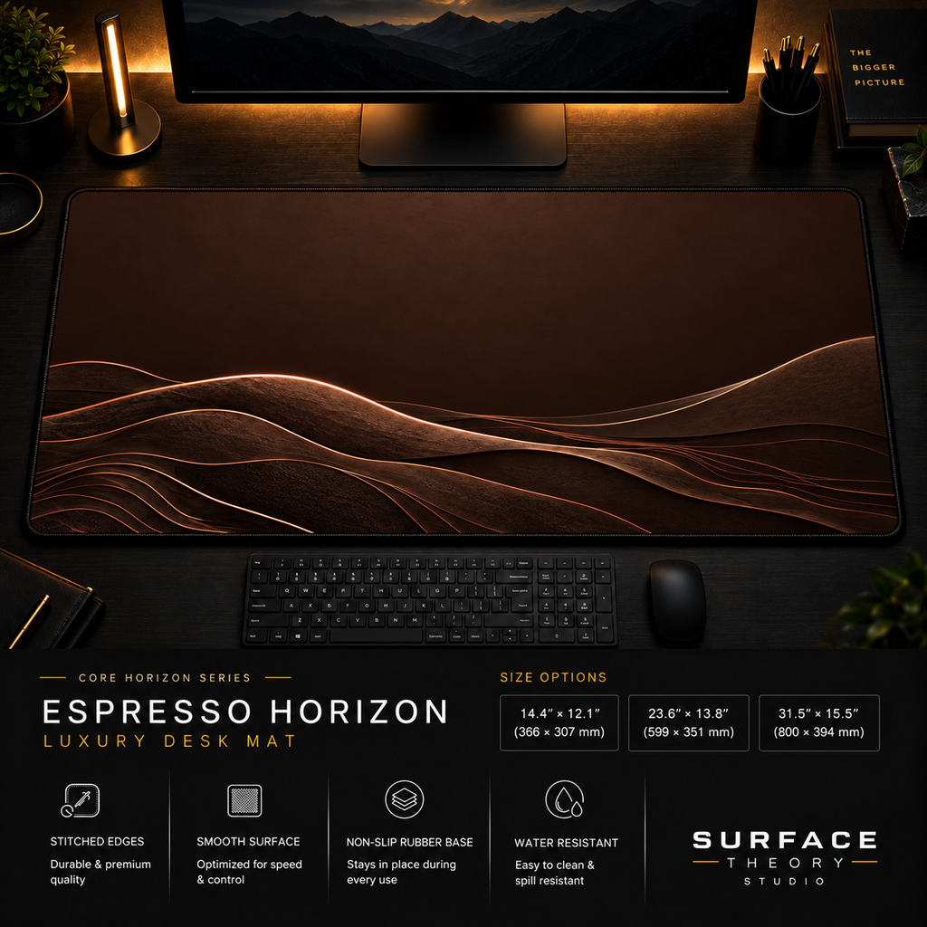 Espresso Horizon desk mat in a dark workstation with warm monitor lighting.