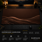 Espresso Horizon desk mat in a dark workstation with warm monitor lighting.