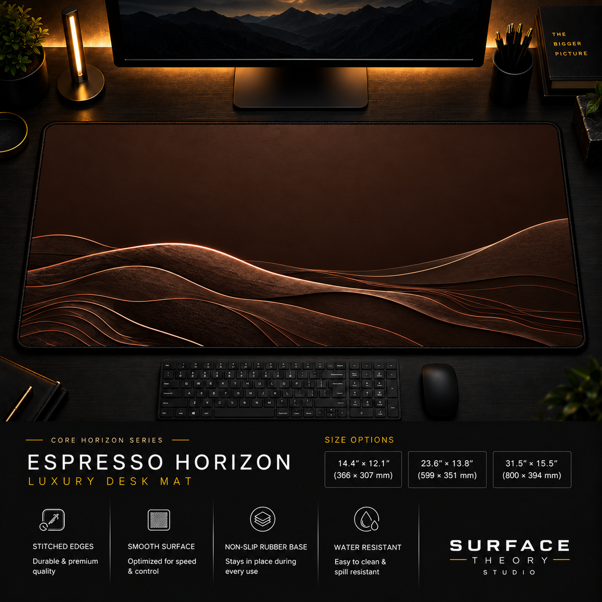 Espresso Horizon desk mat in a dark workstation with warm monitor lighting.