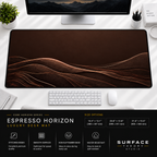 Espresso Horizon desk mat beneath a monitor on a bright desk with a white keyboard and mouse.