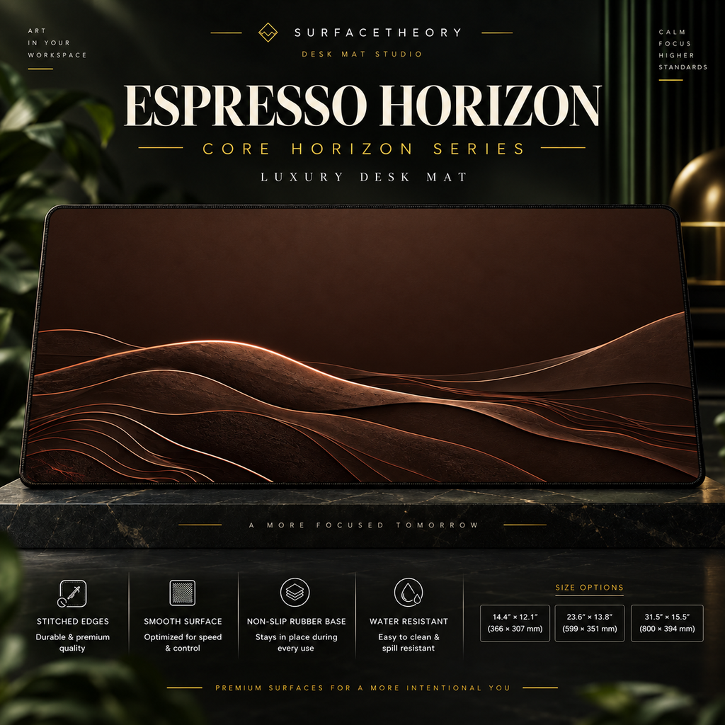 Espresso Horizon desk mat on a studio display with size and product information.