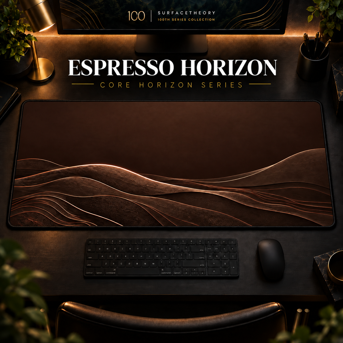 Espresso Horizon desk mat, espresso brown with copper-toned landscape contours, in a warm, dark workspace.