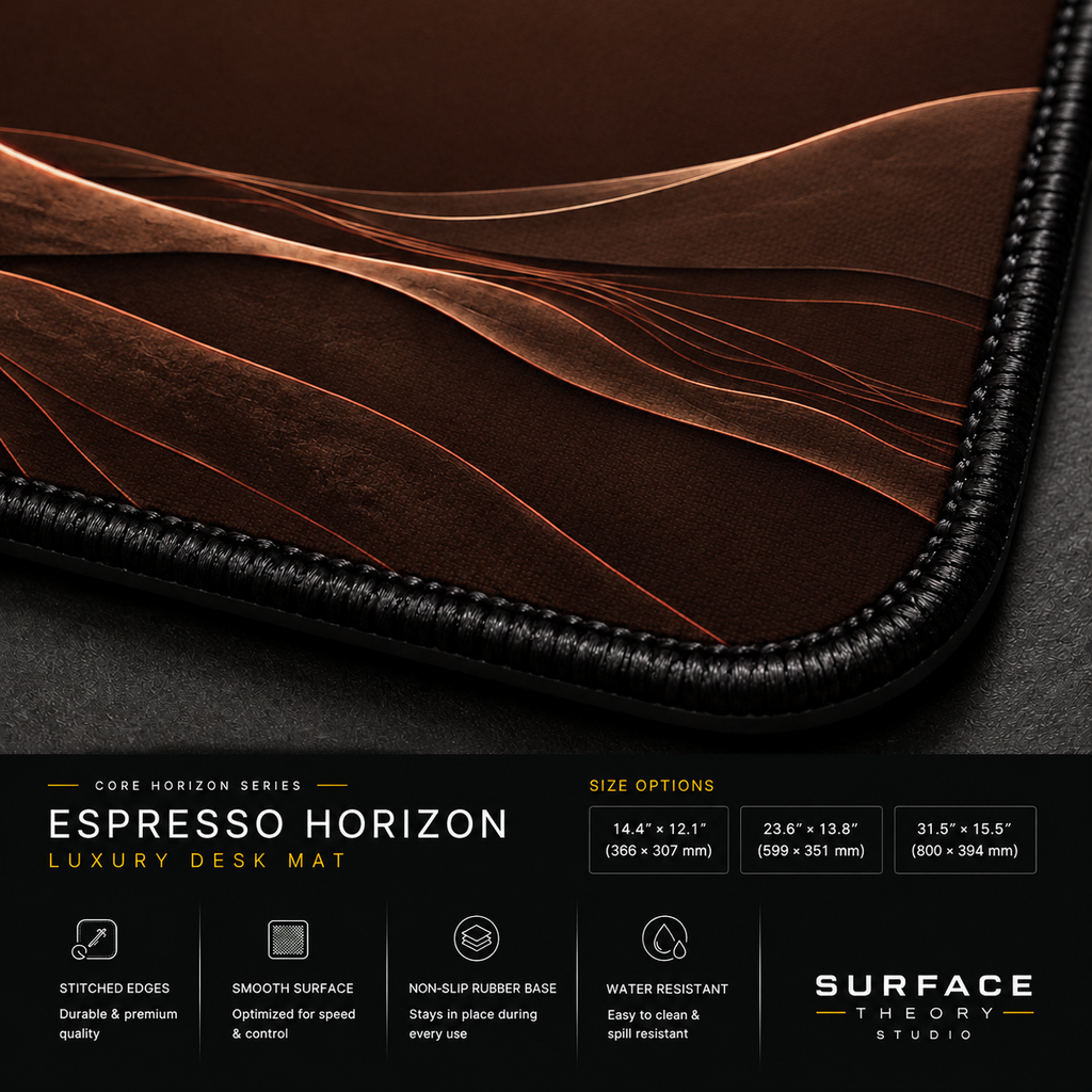 Close-up of Espresso Horizon printed landscape artwork and black stitched corner.