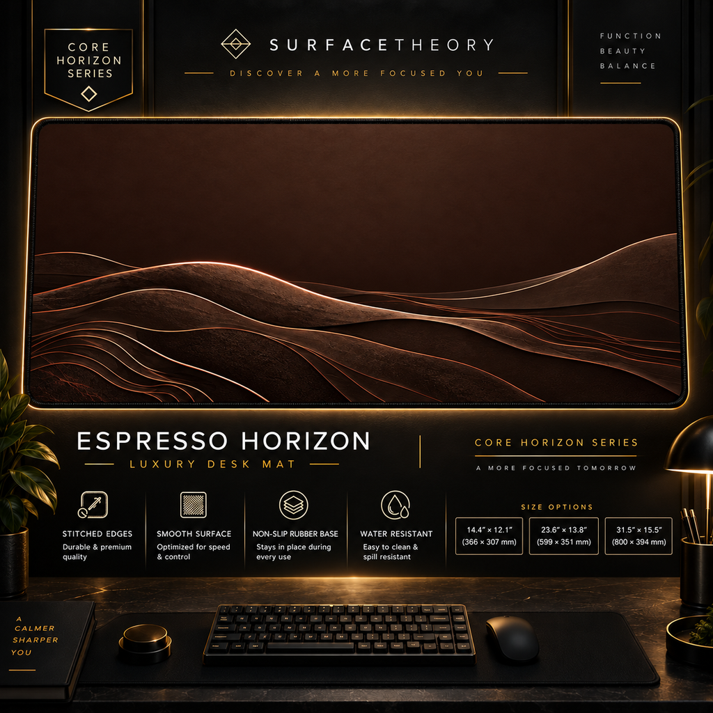 Espresso Horizon desk mat in a gold-toned showcase frame above a keyboard.