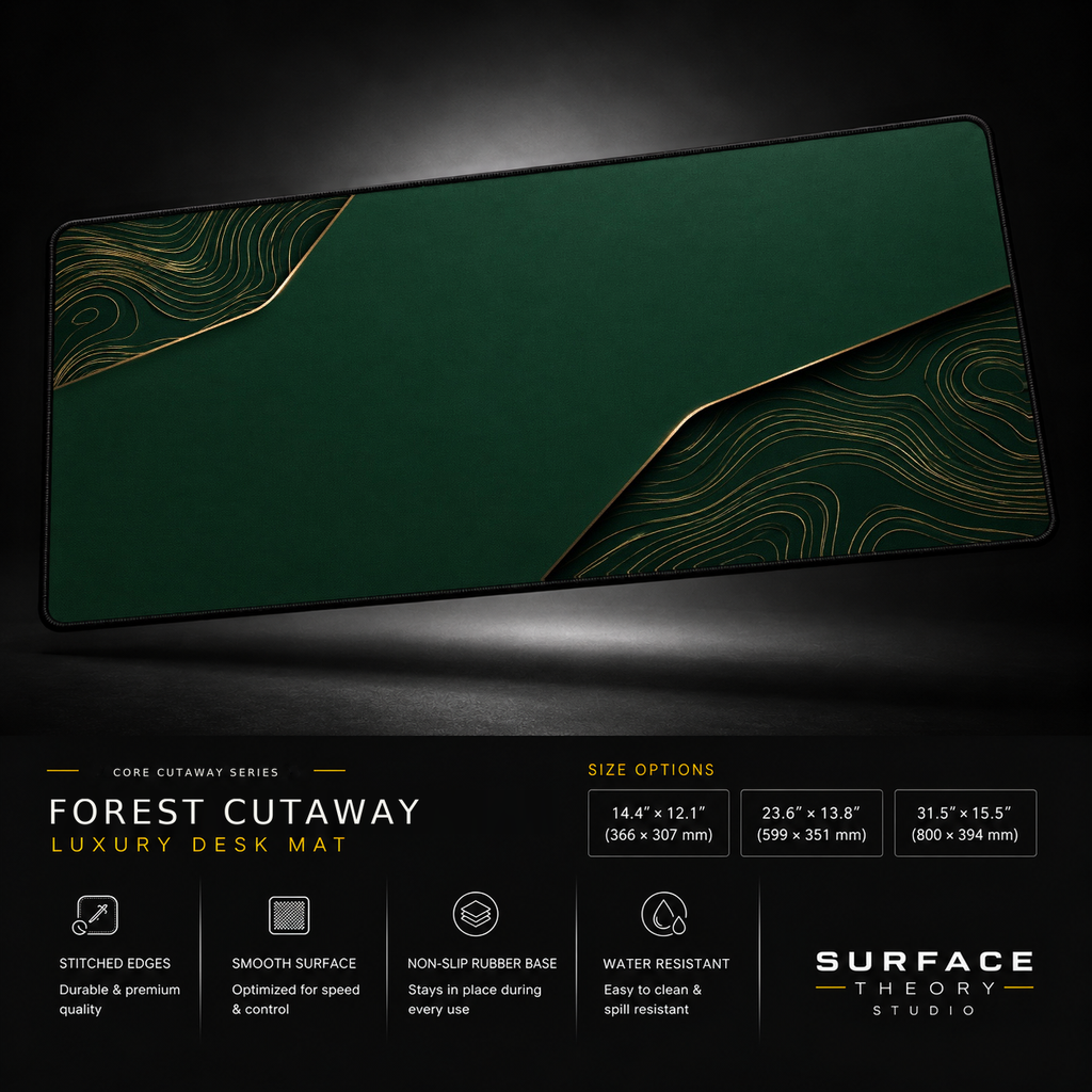 Forest Cutaway desk mat floating against a dark studio background.