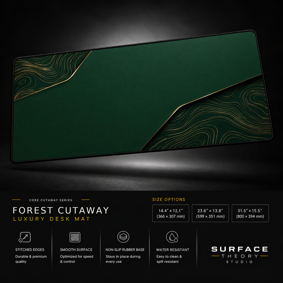 Forest Cutaway desk mat floating against a dark studio background.