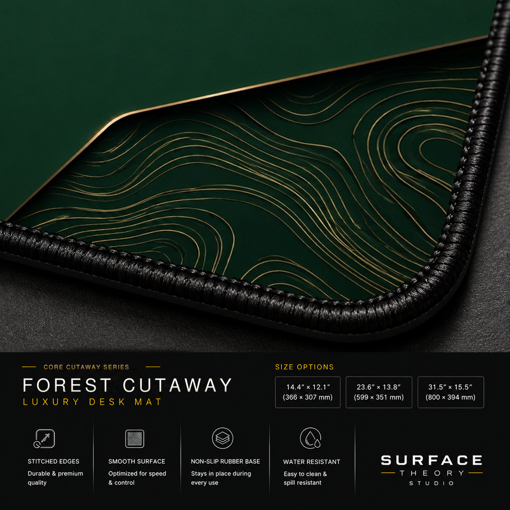 Close-up of Forest Cutaway printed artwork and black stitched corner.