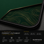Close-up of Forest Cutaway printed artwork and black stitched corner.