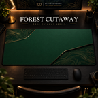 Forest Cutaway desk mat, deep forest green with gold-toned contours in opposing corners, in a warm, dark workspace.