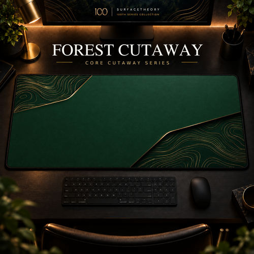 Forest Cutaway desk mat, deep forest green with gold-toned contours in opposing corners, in a warm, dark workspace.