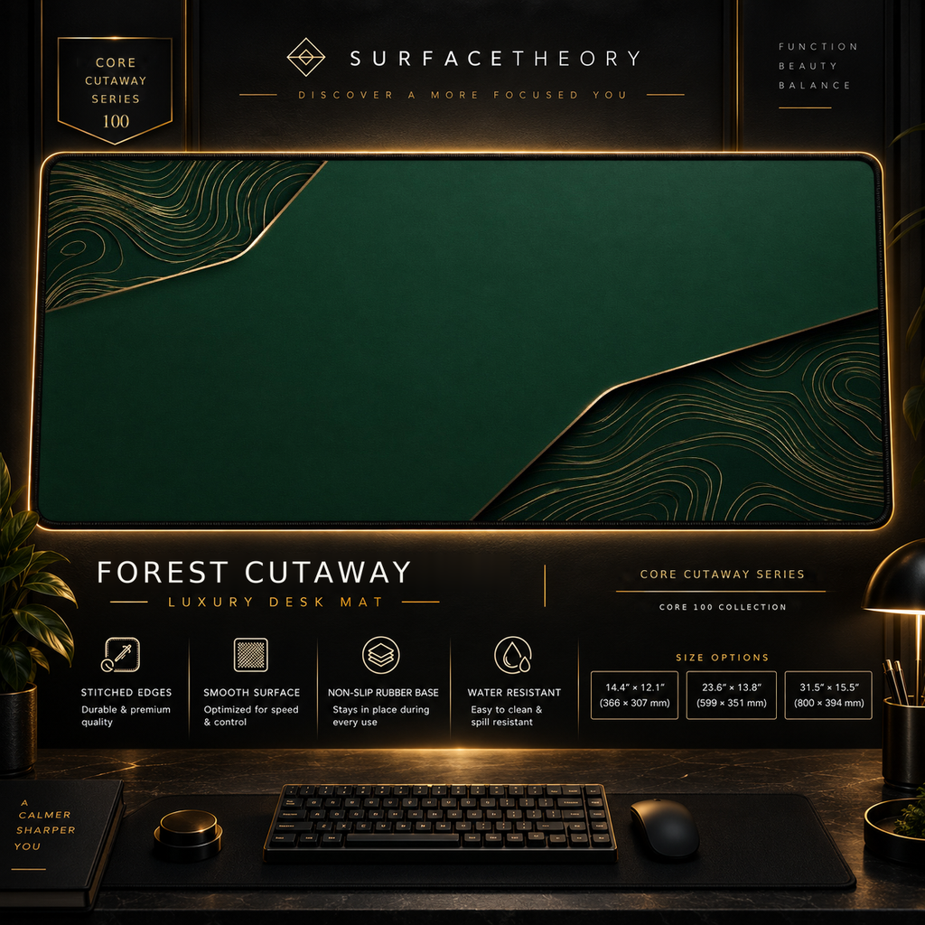 Forest Cutaway desk mat in a gold-toned showcase frame above a keyboard.