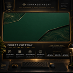 Forest Cutaway desk mat in a gold-toned showcase frame above a keyboard.