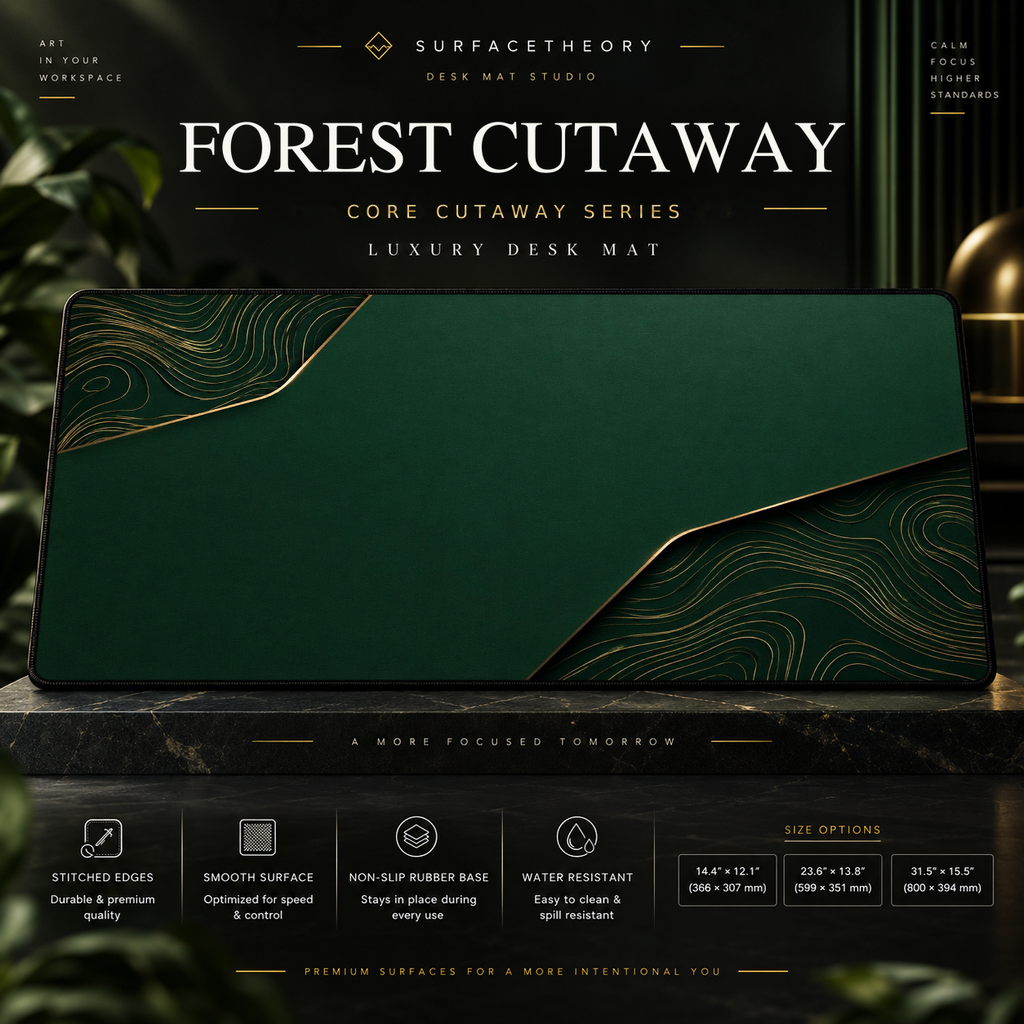Forest Cutaway desk mat on a studio display with size and product information.
