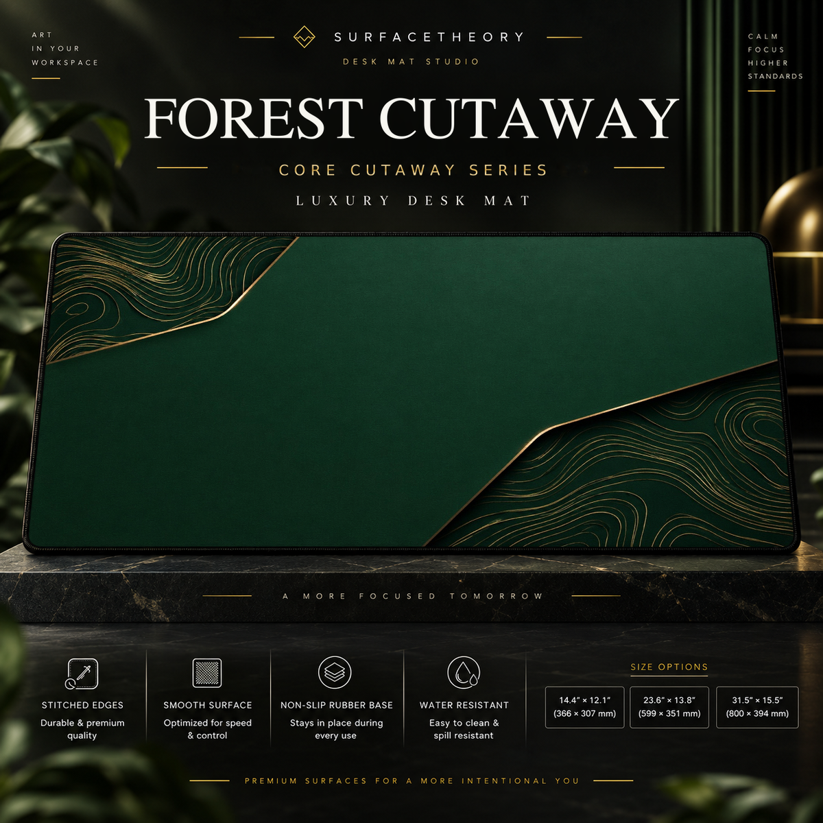 Forest Cutaway desk mat on a studio display with size and product information.