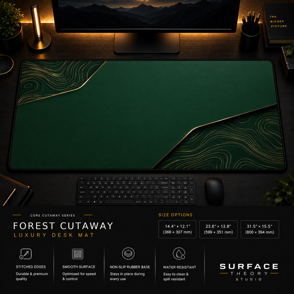 Forest Cutaway desk mat in a dark workstation with warm monitor lighting.