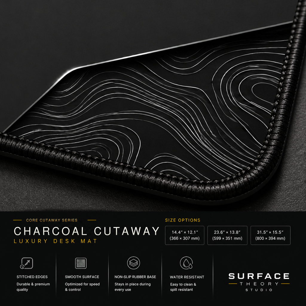 Close-up of Charcoal Cutaway printed artwork and black stitched corner.