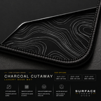 Close-up of Charcoal Cutaway printed artwork and black stitched corner.