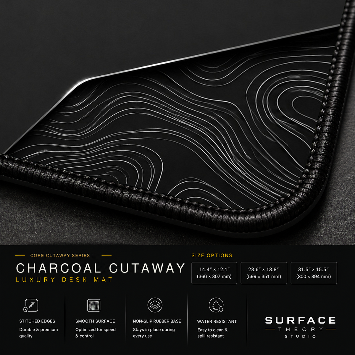 Close-up of Charcoal Cutaway printed artwork and black stitched corner.