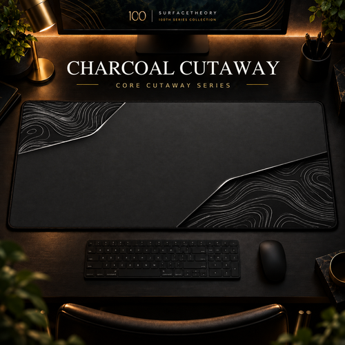 Charcoal Cutaway desk mat, charcoal grey with silver-grey contours in opposing corners, in a warm, dark workspace.