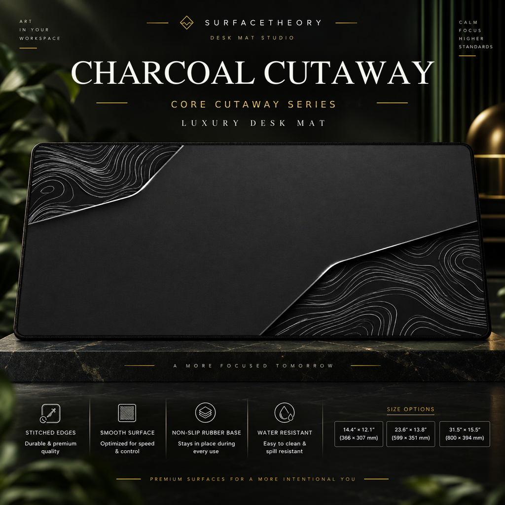 Charcoal Cutaway desk mat on a studio display with size and product information.