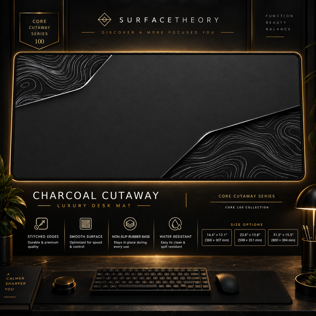 Charcoal Cutaway desk mat in a gold-toned showcase frame above a keyboard.