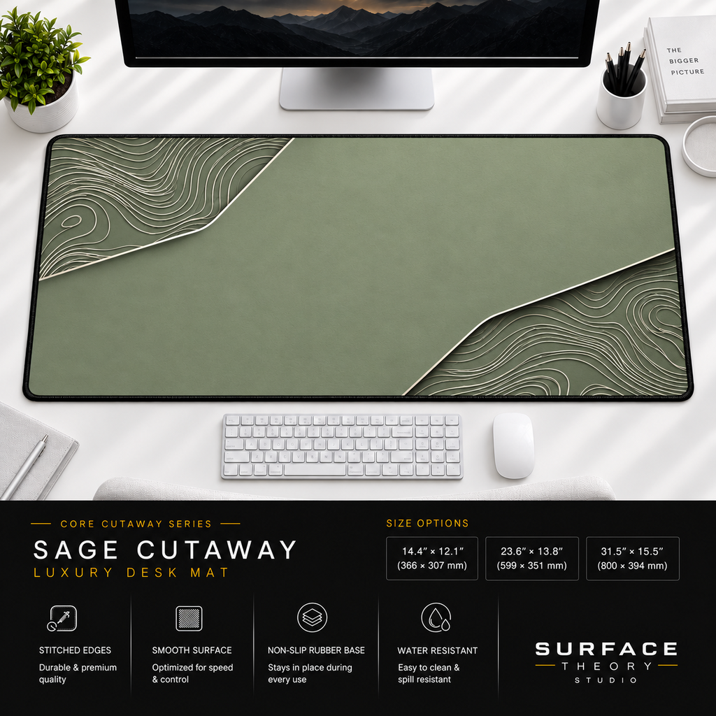 Sage Cutaway desk mat beneath a monitor on a bright desk with a white keyboard and mouse.