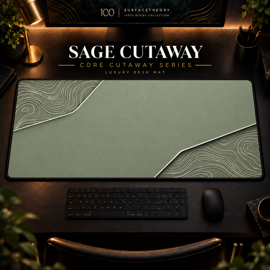 Sage Cutaway desk mat, muted sage green with pale cream-green contours in opposing corners, in a warm, dark workspace.