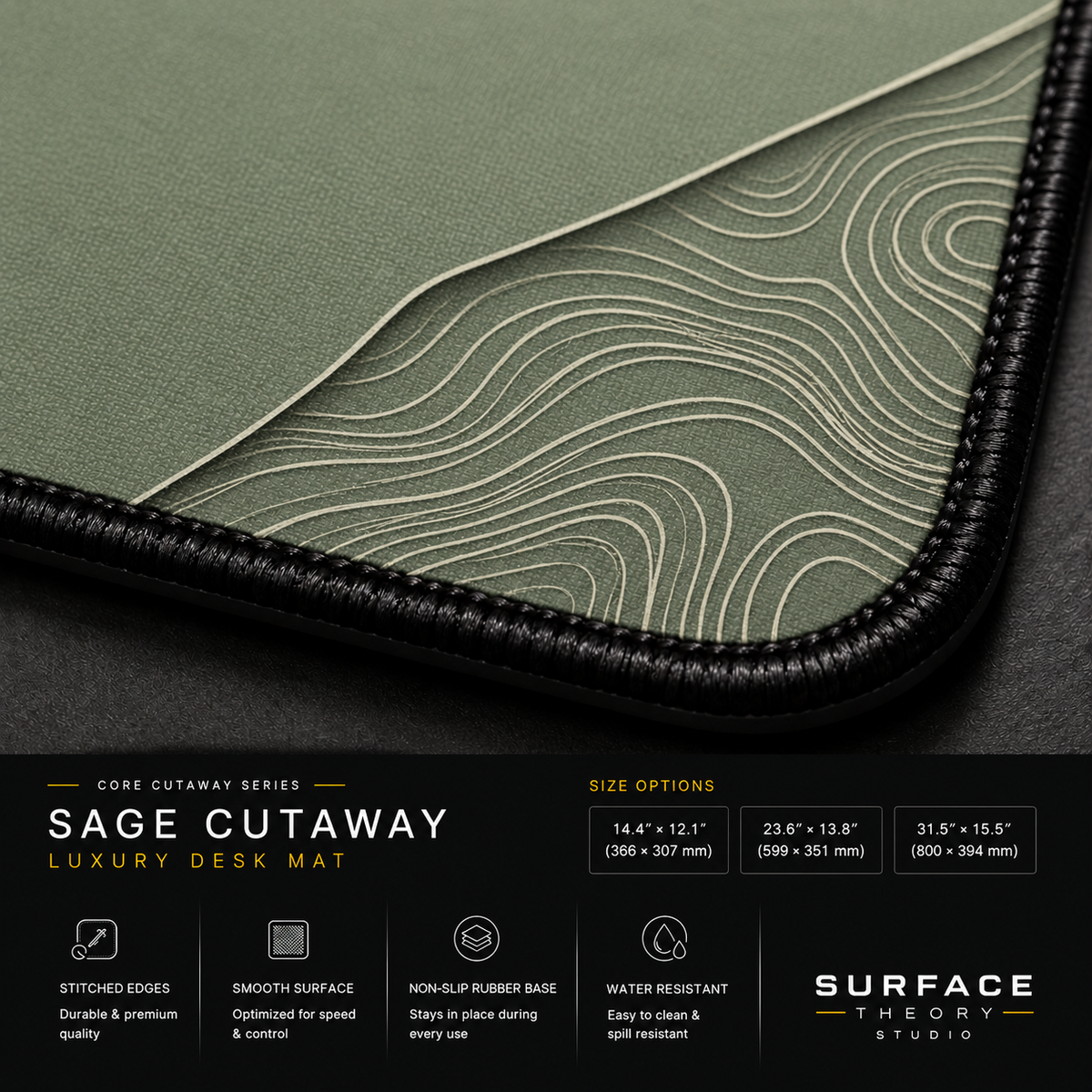 Close-up of Sage Cutaway printed artwork and black stitched corner.