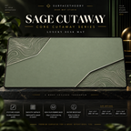 Sage Cutaway desk mat on a studio display with size and product information.