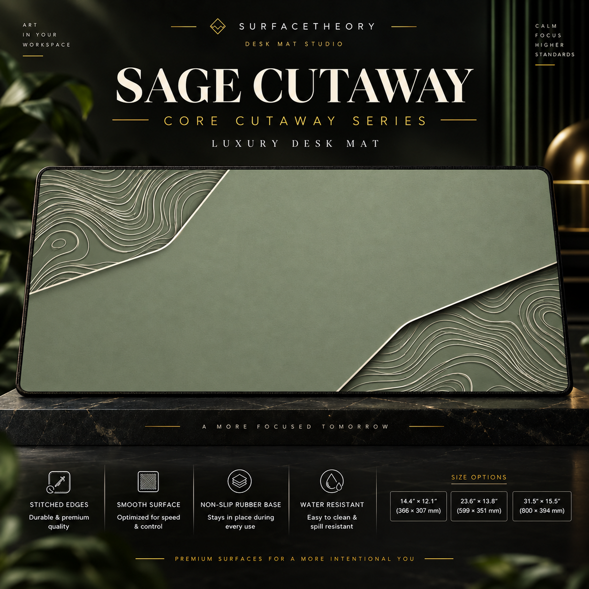 Sage Cutaway desk mat on a studio display with size and product information.