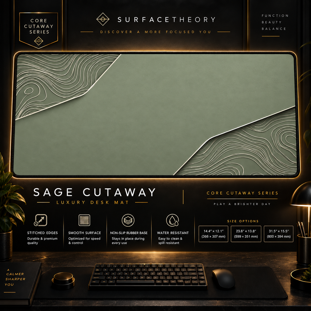 Sage Cutaway desk mat in a gold-toned showcase frame above a keyboard.