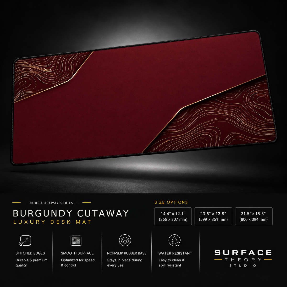 Burgundy Cutaway desk mat floating against a dark studio background.